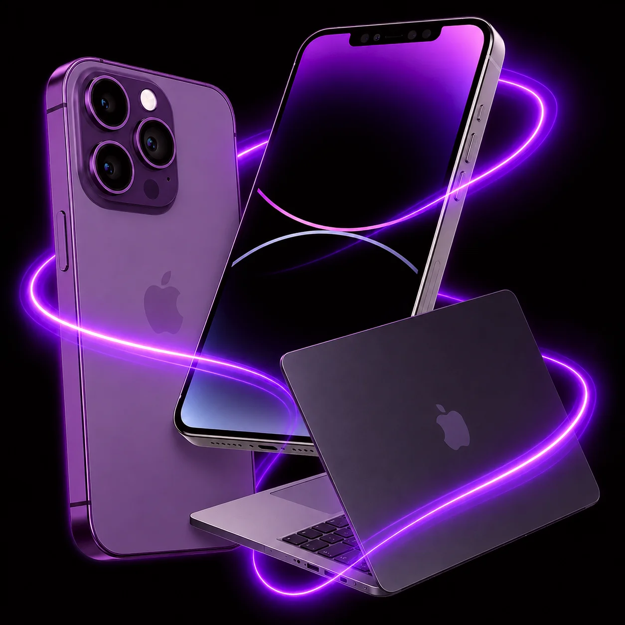 iPhones e MacBook com iluminação roxa